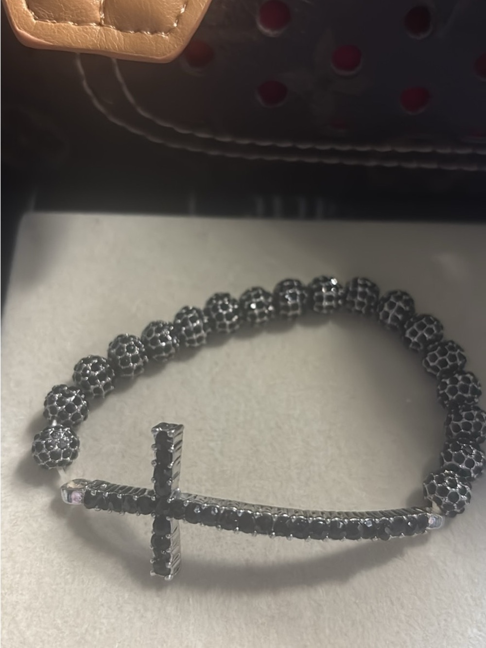 Black Crystal Cross Bead Stretch Bracelet